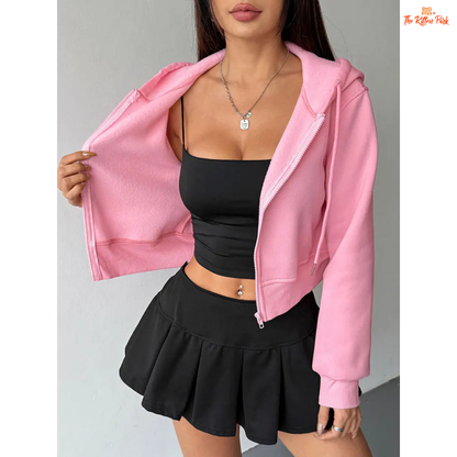 Pink Lace-Up Zipper Hoodie for Women featuring a thick design, turn-down collar, full sleeves, and stylish lace-up zipper details for an autumn streetwear look.