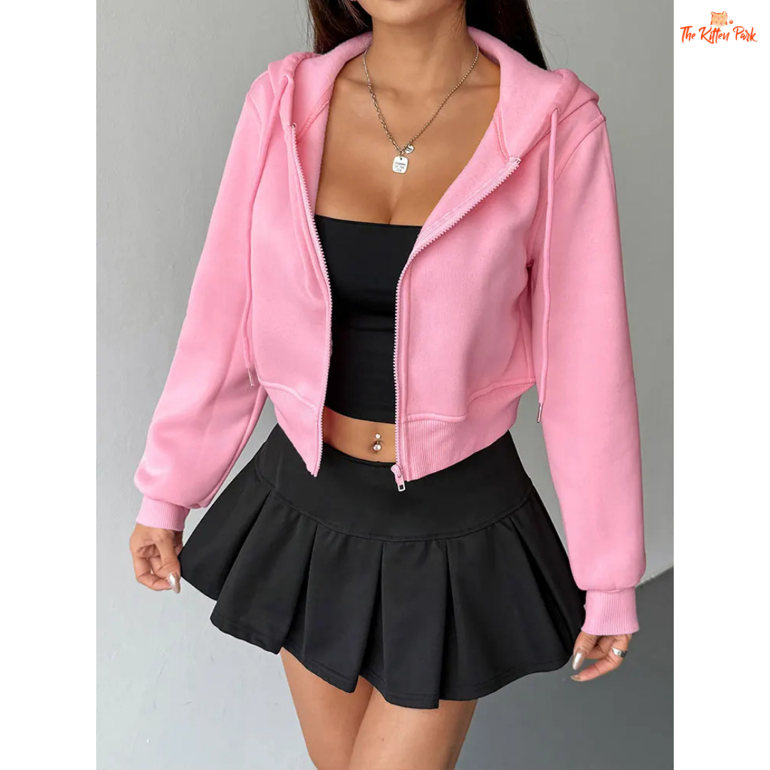 Pink Lace-Up Zipper Hoodie for Women featuring a thick design, turn-down collar, full sleeves, and stylish lace-up zipper details for an autumn streetwear look.