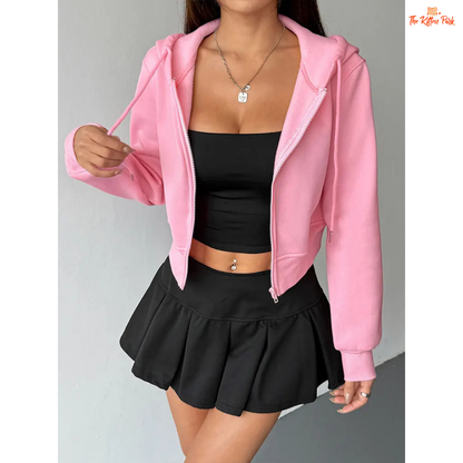 Pink Lace-Up Zipper Hoodie for Women featuring a thick design, turn-down collar, full sleeves, and stylish lace-up zipper details for an autumn streetwear look.