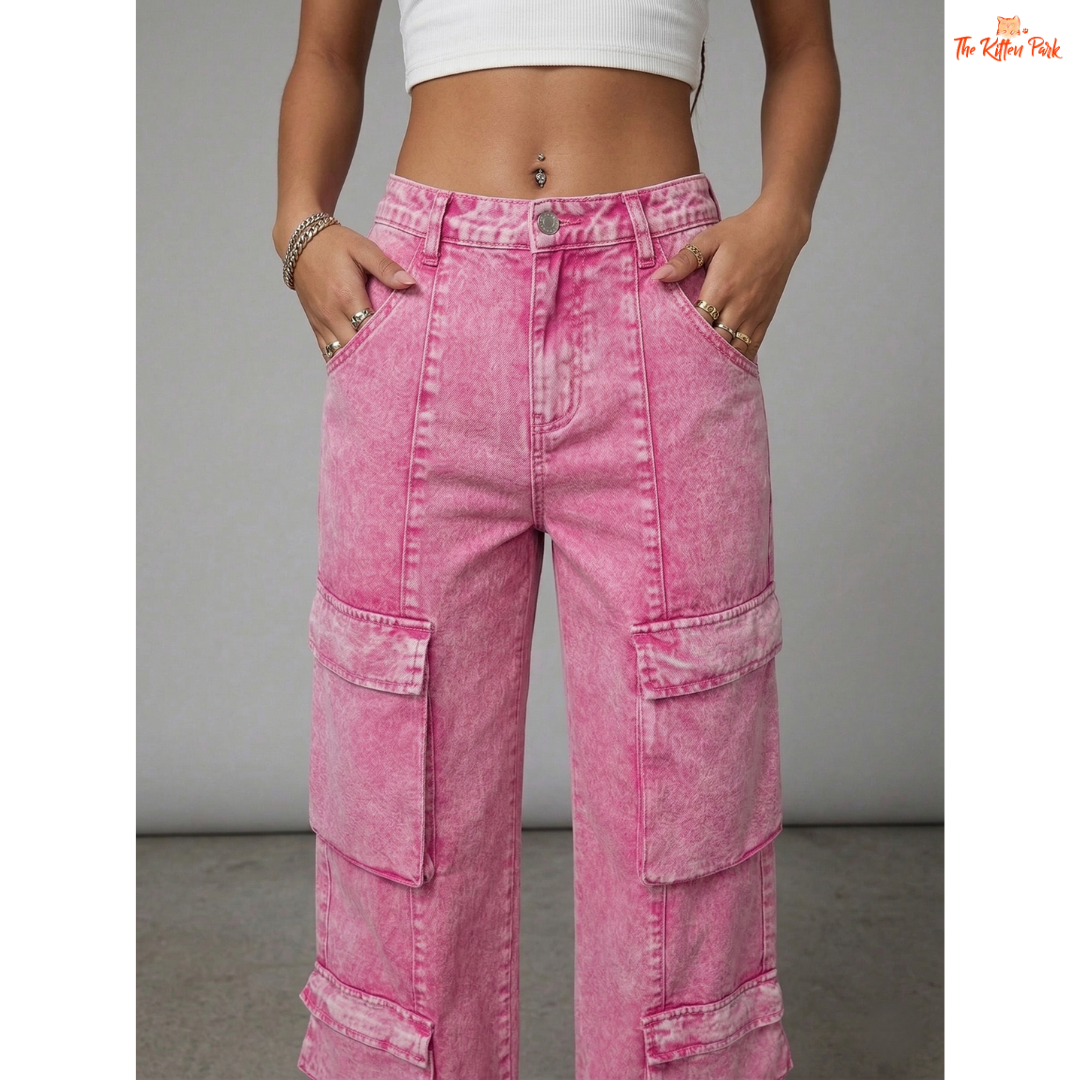 Pink Wide Leg Cargo Jeans – Y2K Streetwear Denim