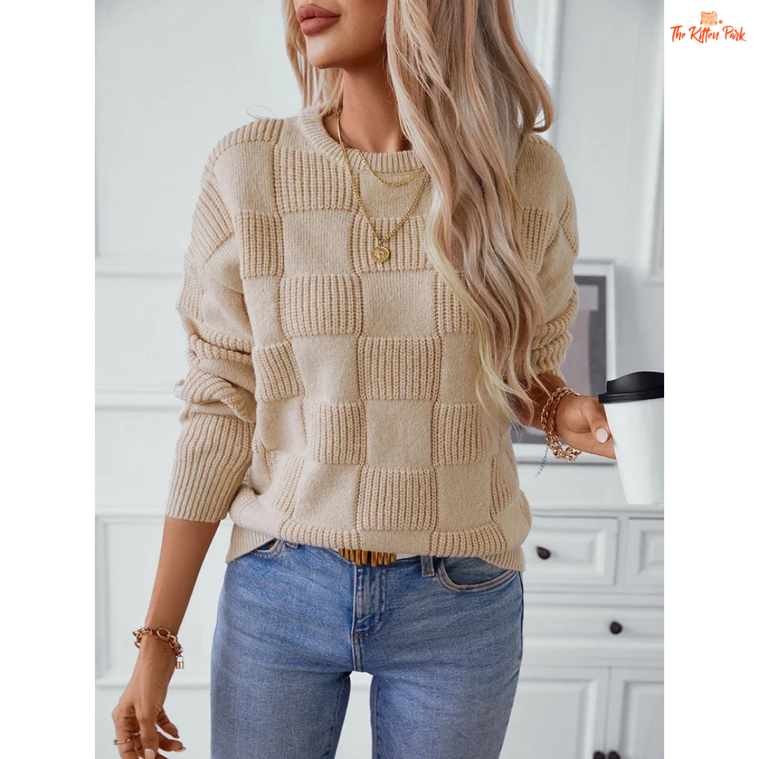 Plaid Knit O-Neck Sweater – Loose Casual Autumn Winter Top with relaxed fit, O-neck collar, medium-weight knit fabric, perfect for casual autumn and winter wear.