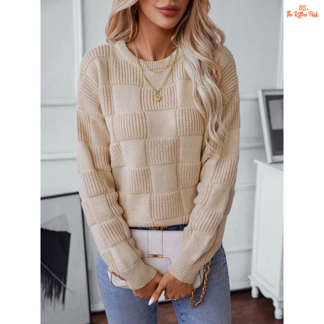 Plaid Knit O-Neck Sweater – Loose Casual Autumn Winter Top with relaxed fit, O-neck collar, medium-weight knit fabric, perfect for casual autumn and winter wear.