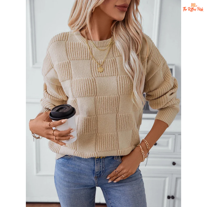 Plaid Knit O-Neck Sweater – Loose Casual Autumn Winter Top with relaxed fit, O-neck collar, medium-weight knit fabric, perfect for casual autumn and winter wear.