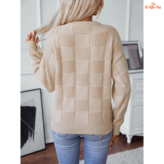 Plaid Knit O-Neck Sweater – Loose Casual Autumn Winter Top with relaxed fit, O-neck collar, medium-weight knit fabric, perfect for casual autumn and winter wear.