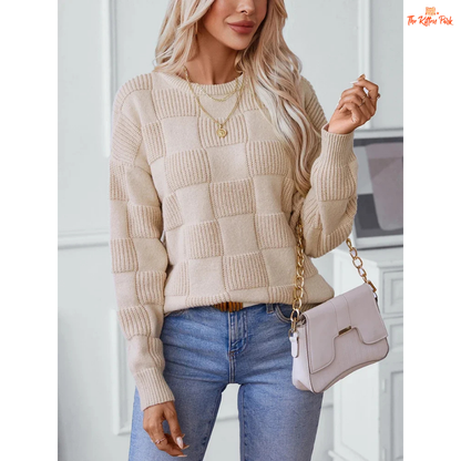 Plaid Knit O-Neck Sweater – Loose Casual Autumn Winter Top with relaxed fit, O-neck collar, medium-weight knit fabric, perfect for casual autumn and winter wear.