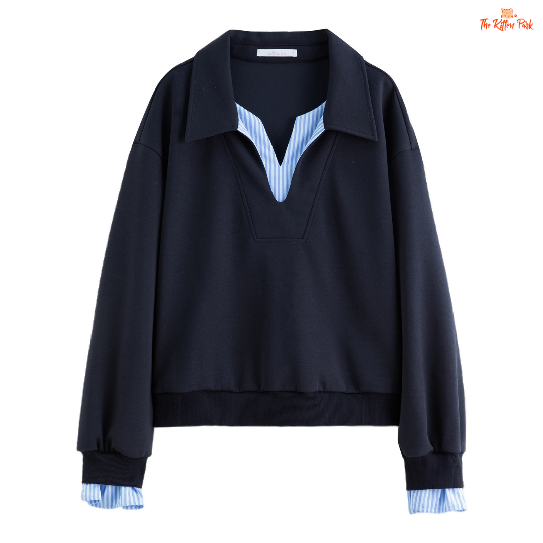 Navy blue sweatshirt with striped cuffs and collar on a white background