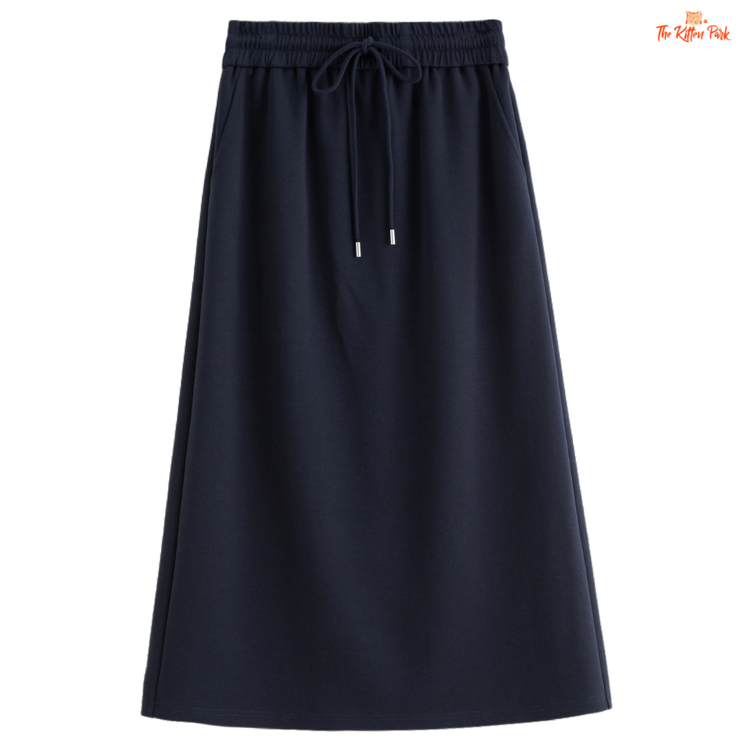 Navy skirt with drawstring waist on a white background