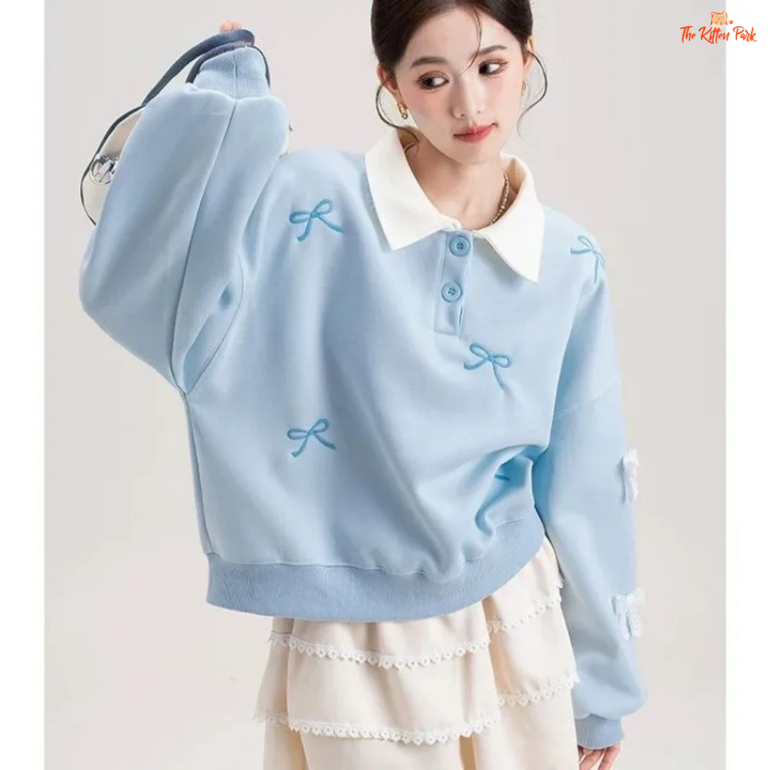 Polo Collar Pullover Sweatshirt with bow embroidery, loose fit, and casual style in polyester blend, ideal for spring and summer wear.