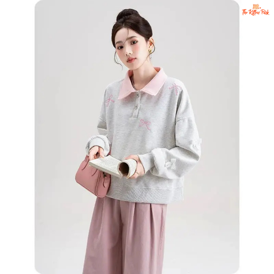 Polo Collar Pullover Sweatshirt with bow embroidery, loose fit, and casual style in polyester blend, ideal for spring and summer wear.