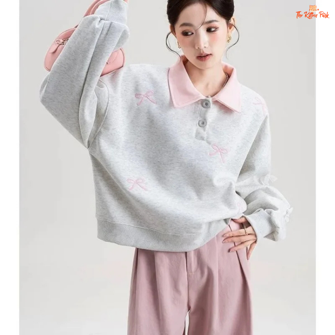 Polo Collar Pullover Sweatshirt with bow embroidery, loose fit, and casual style in polyester blend, ideal for spring and summer wear.