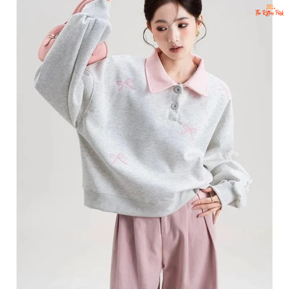 Polo Collar Pullover Sweatshirt with bow embroidery, loose fit, and casual style in polyester blend, ideal for spring and summer wear.