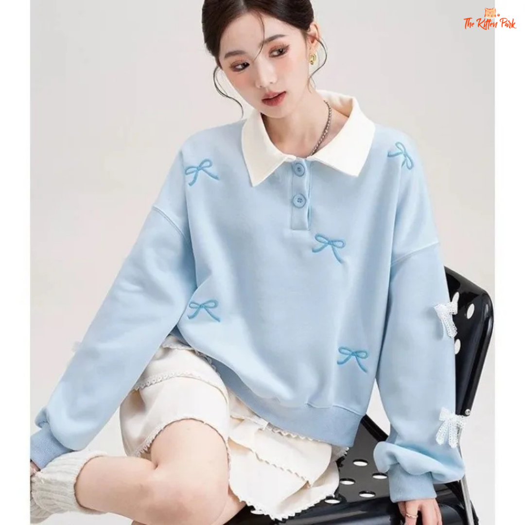Polo Collar Pullover Sweatshirt with bow embroidery, loose fit, and casual style in polyester blend, ideal for spring and summer wear.