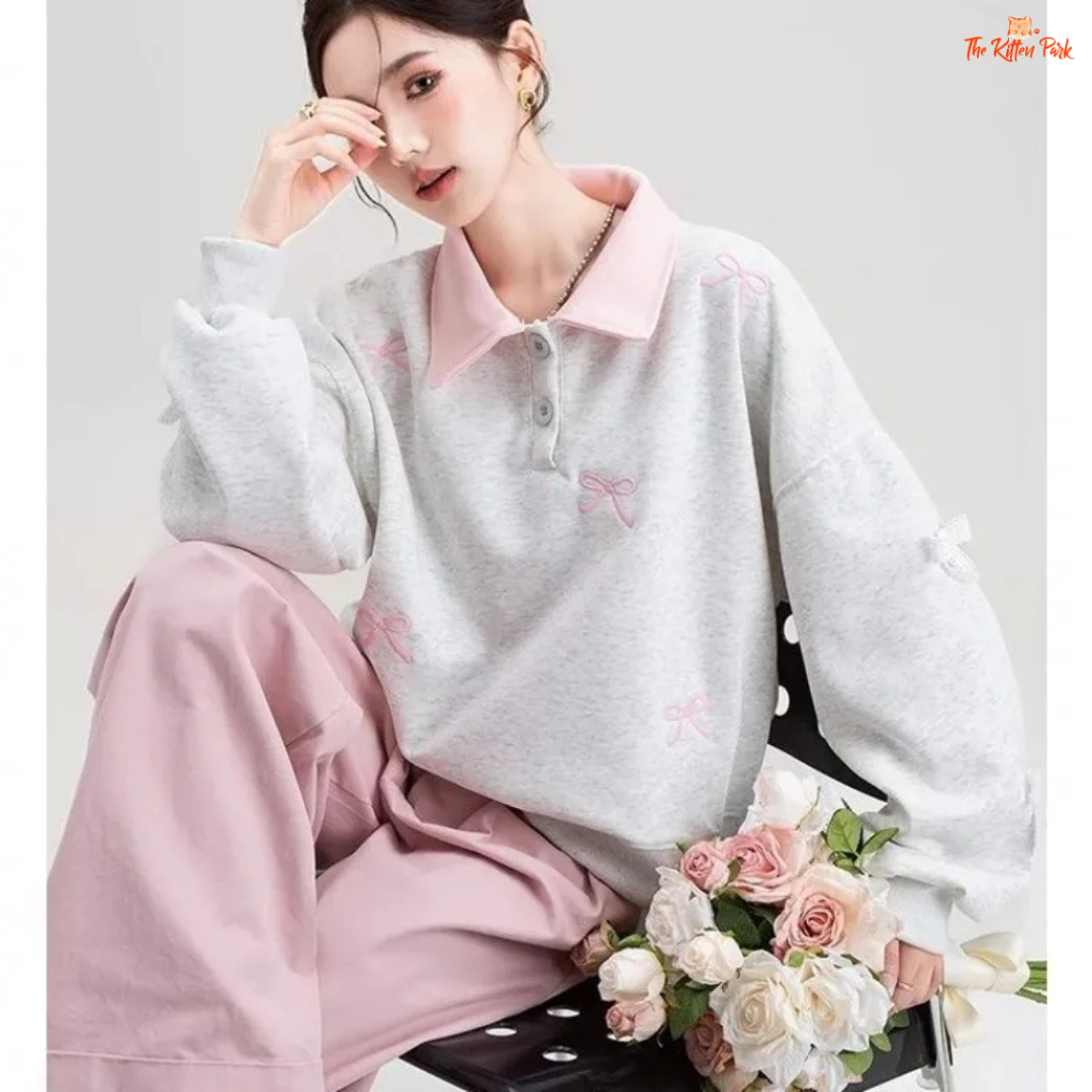 Polo Collar Pullover Sweatshirt with bow embroidery, loose fit, and casual style in polyester blend, ideal for spring and summer wear.