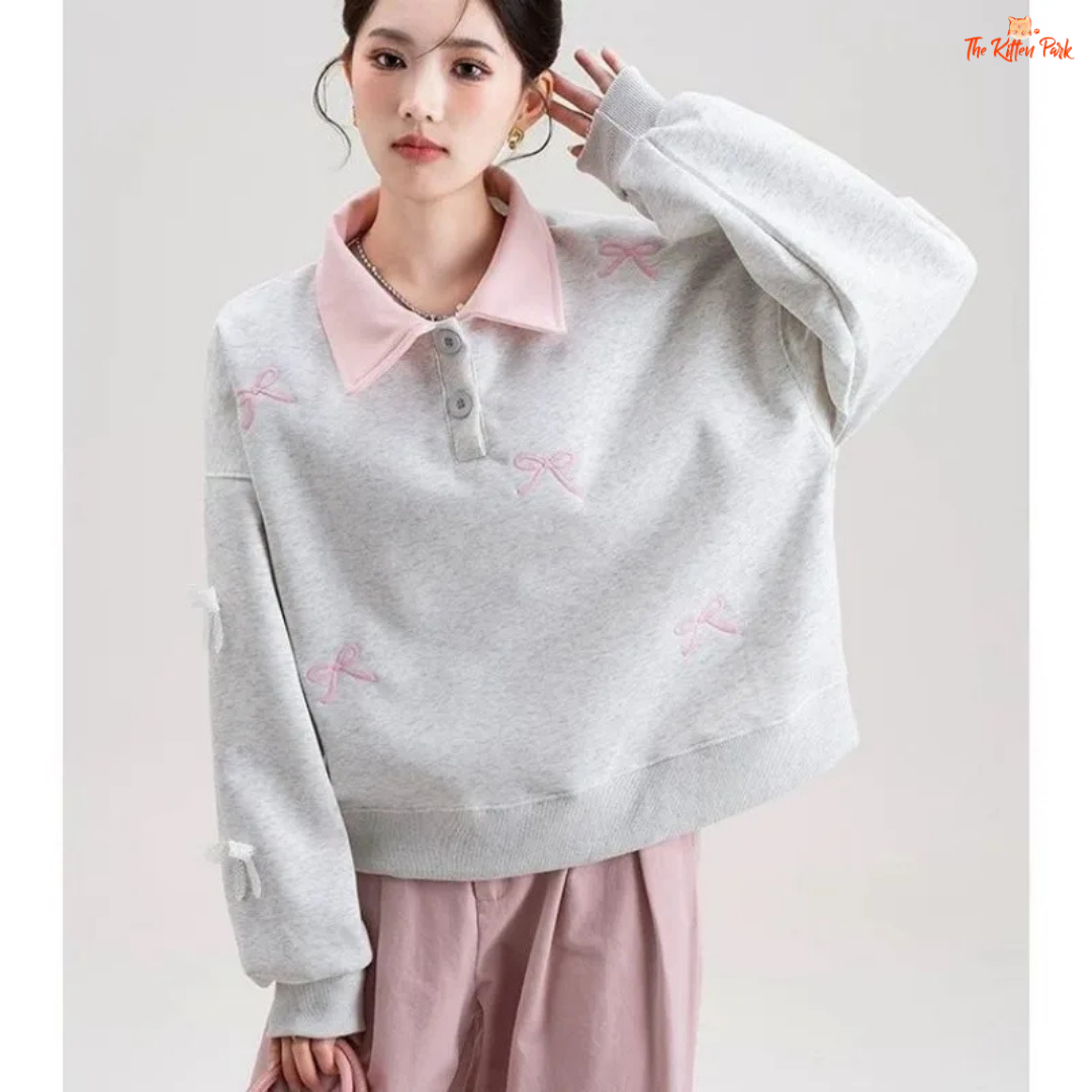 Polo Collar Pullover Sweatshirt with bow embroidery, loose fit, and casual style in polyester blend, ideal for spring and summer wear.