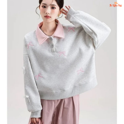 Polo Collar Pullover Sweatshirt with bow embroidery, loose fit, and casual style in polyester blend, ideal for spring and summer wear.