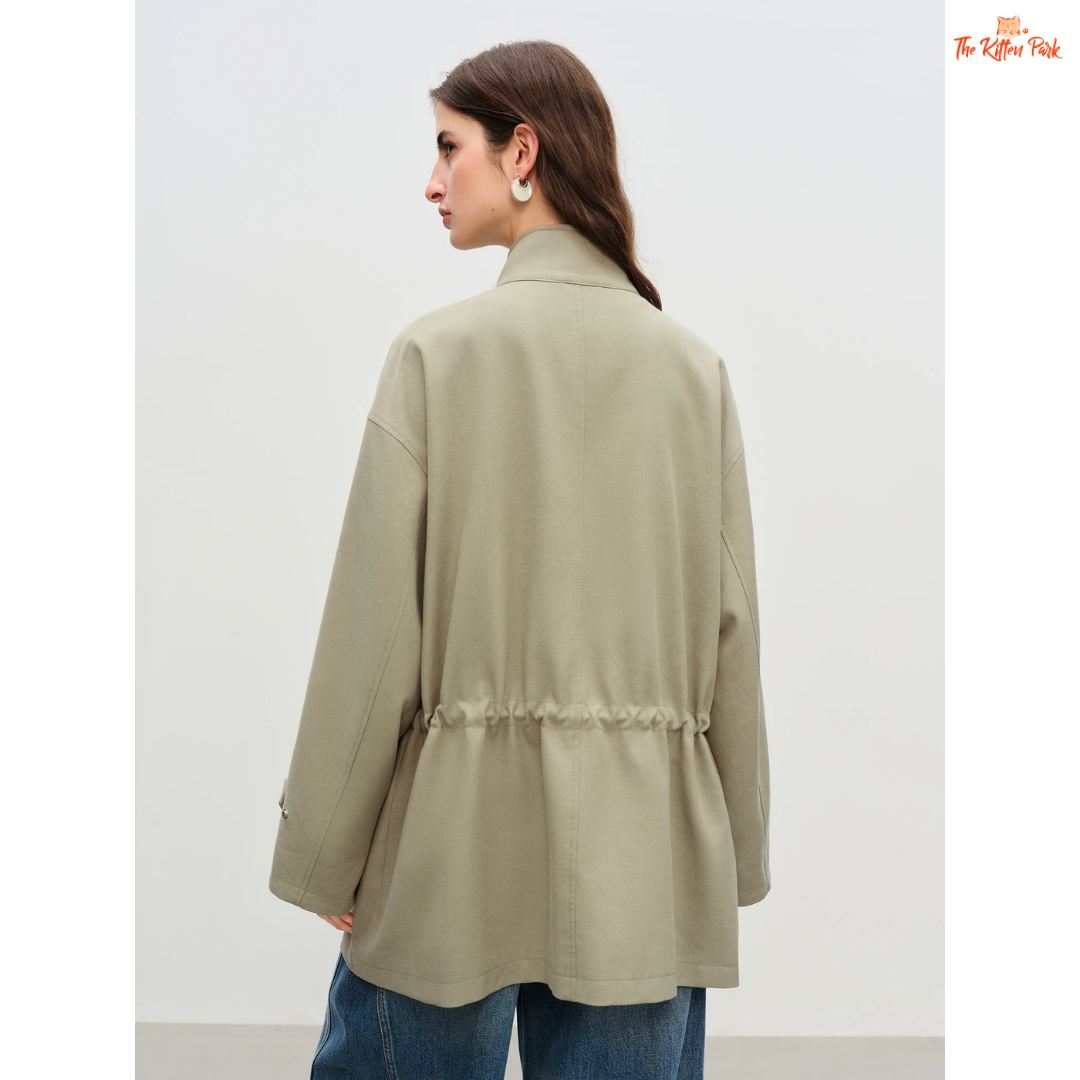 Women’s premium olive green embroidered jacket with zipper closure, turn-down collar, and boho-inspired longline autumn outerwear.