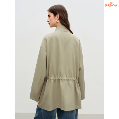 Women’s premium olive green embroidered jacket with zipper closure, turn-down collar, and boho-inspired longline autumn outerwear.