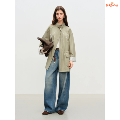 Women’s premium olive green embroidered jacket with zipper closure, turn-down collar, and boho-inspired longline autumn outerwear.