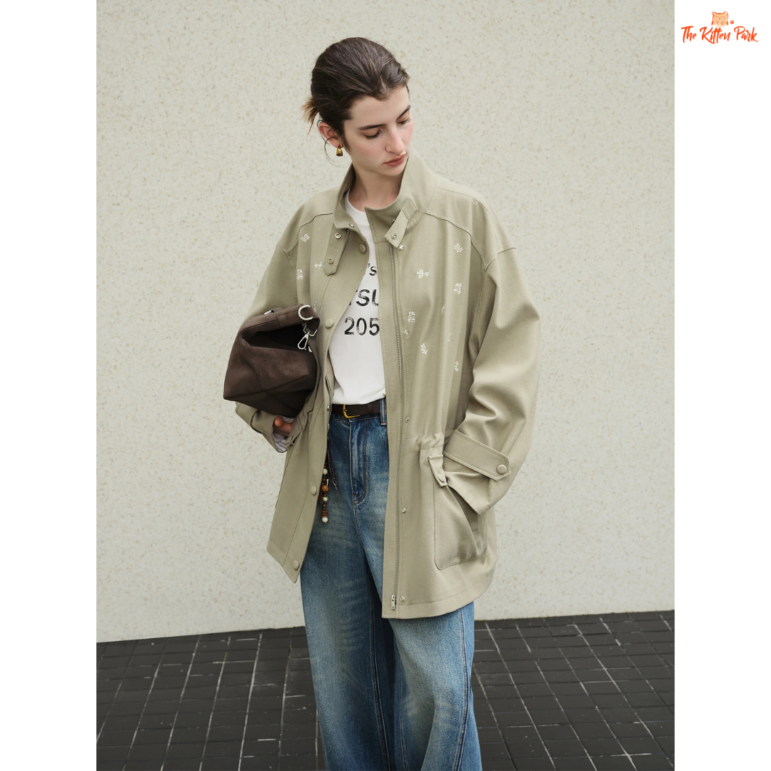 Women’s premium olive green embroidered jacket with zipper closure, turn-down collar, and boho-inspired longline autumn outerwear.