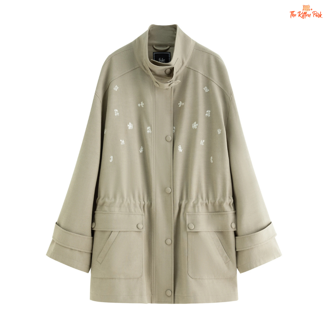 Women’s premium olive green embroidered jacket with zipper closure, turn-down collar, and boho-inspired longline autumn outerwear.