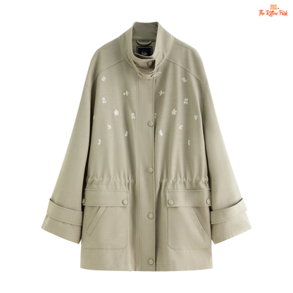 Women’s premium olive green embroidered jacket with zipper closure, turn-down collar, and boho-inspired longline autumn outerwear.