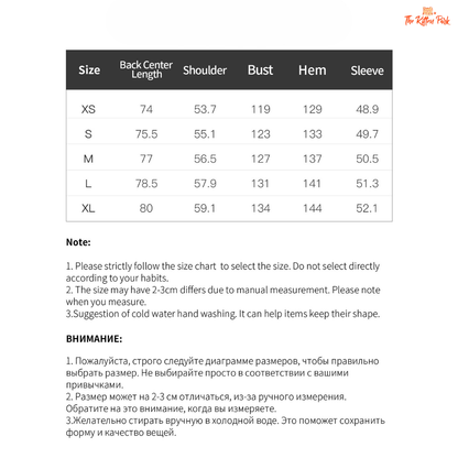 Size chart for clothing with measurements in centimeters