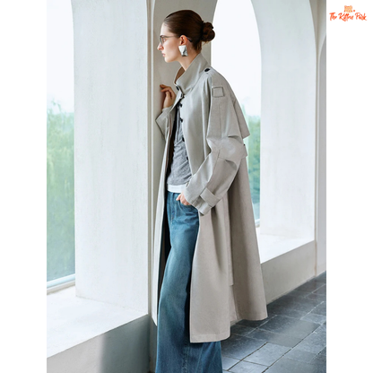 Premium Series Women’s Retro Stand Collar Trench Coat 2026, wide-waisted cotton design with button details, perfect for spring and summer outfits.