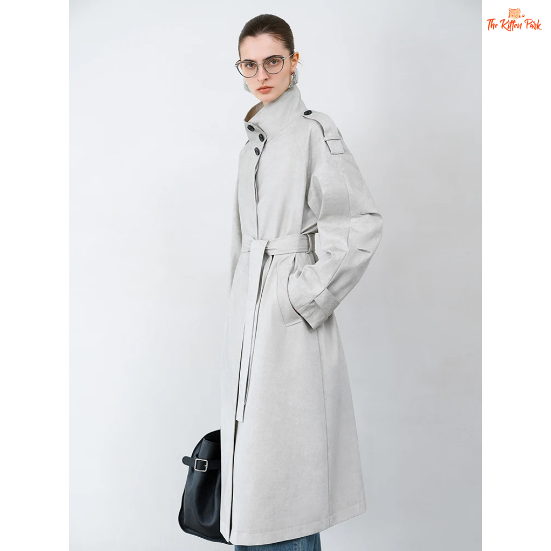 Premium Series Women’s Retro Stand Collar Trench Coat 2026, wide-waisted cotton design with button details, perfect for spring and summer outfits.