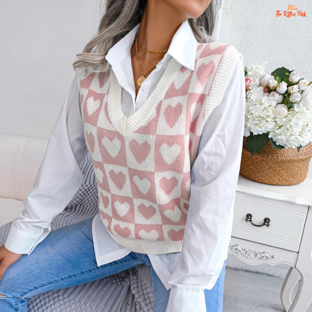 Preppy Heart Sweater Vest in acrylic knit with sleeveless V-neck design, heart geometric pattern, and regular fit for autumn winter layering.