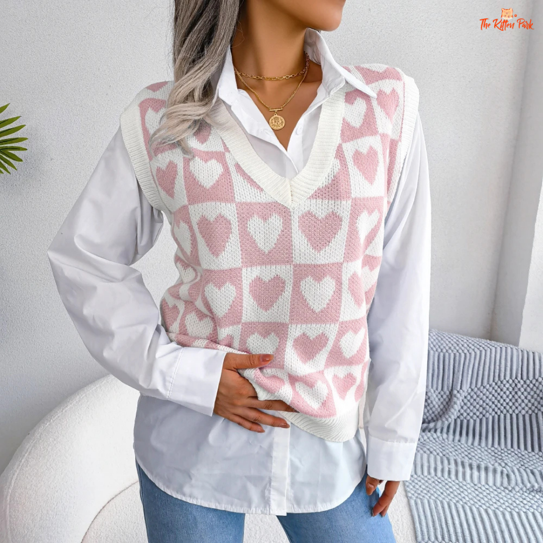 Preppy Heart Sweater Vest in acrylic knit with sleeveless V-neck design, heart geometric pattern, and regular fit for autumn winter layering.