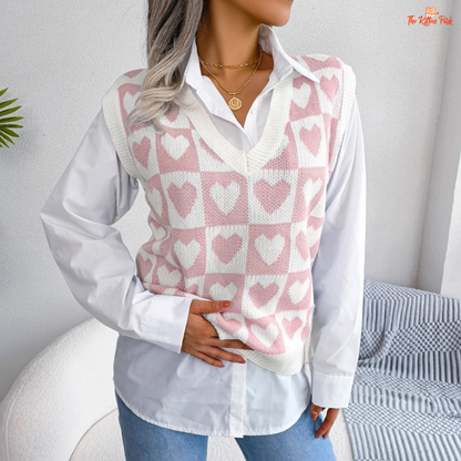 Preppy Heart Sweater Vest in acrylic knit with sleeveless V-neck design, heart geometric pattern, and regular fit for autumn winter layering.