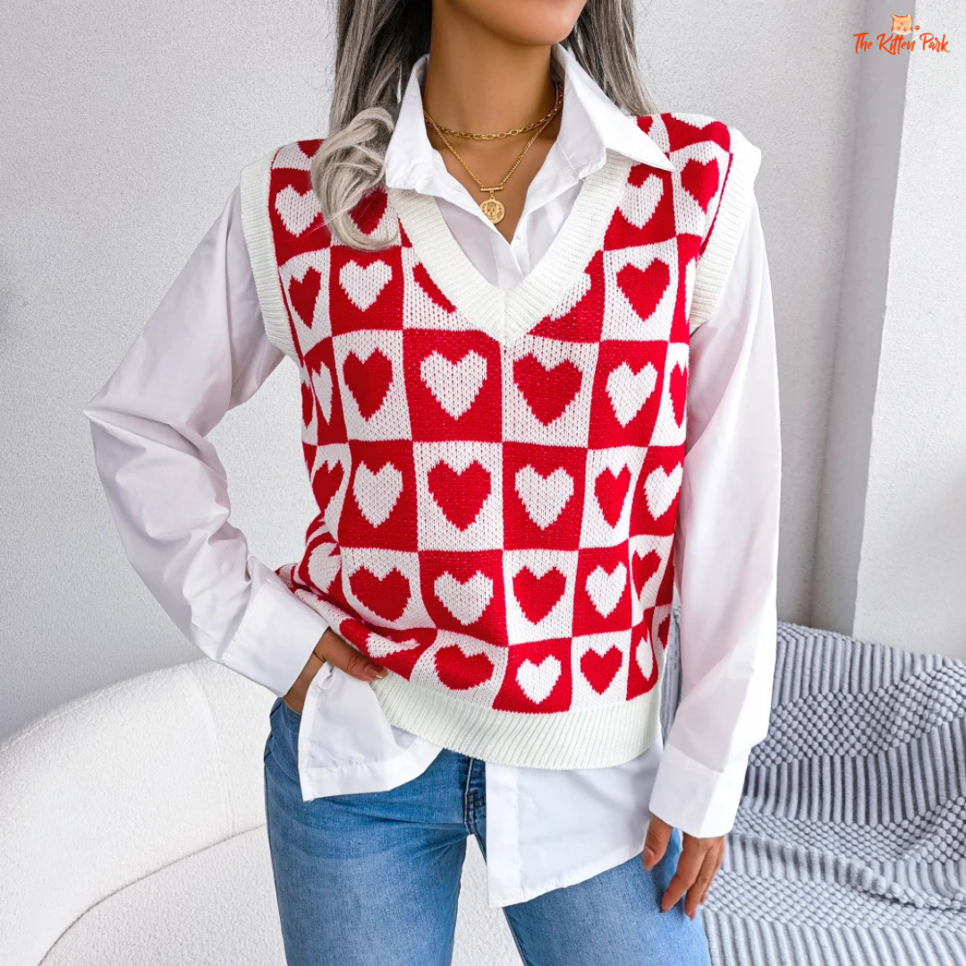 Preppy Heart Sweater Vest in acrylic knit with sleeveless V-neck design, heart geometric pattern, and regular fit for autumn winter layering.