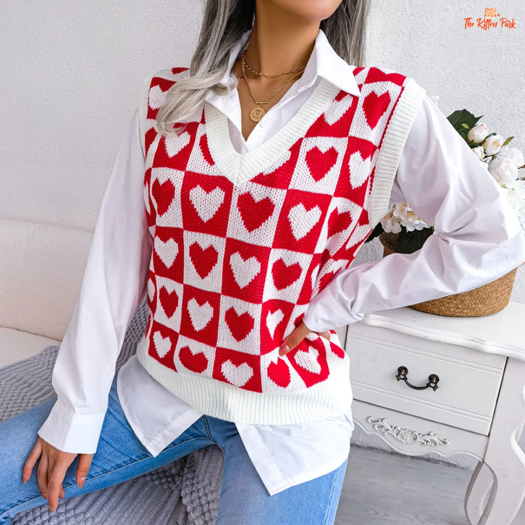 Preppy Heart Sweater Vest in acrylic knit with sleeveless V-neck design, heart geometric pattern, and regular fit for autumn winter layering.