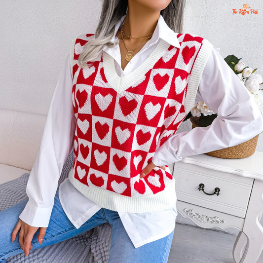 Preppy Heart Sweater Vest in acrylic knit with sleeveless V-neck design, heart geometric pattern, and regular fit for autumn winter layering.