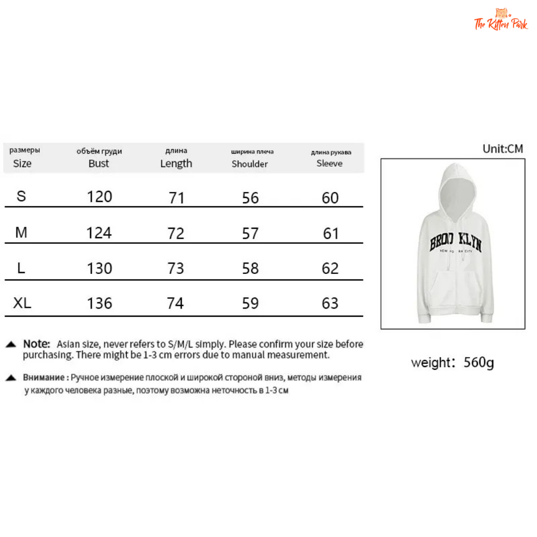 White hoodie with text on a size chart and weight information