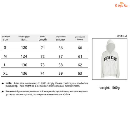 White hoodie with text on a size chart and weight information