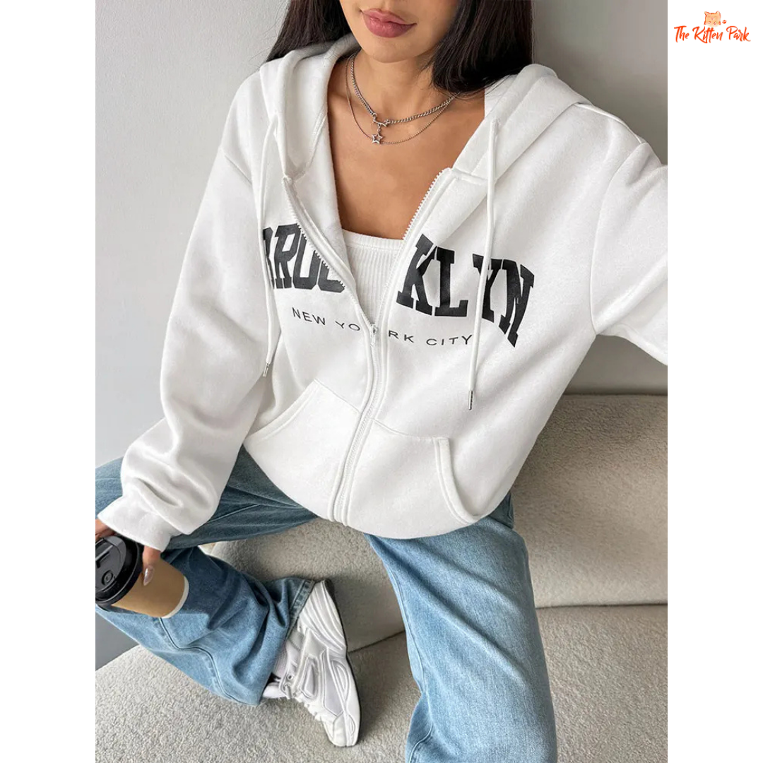 Cozy printed lace-up zipper hoodie coat for women with artificial fur lining and streetwear style, perfect for autumn.