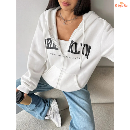 Cozy printed lace-up zipper hoodie coat for women with artificial fur lining and streetwear style, perfect for autumn.