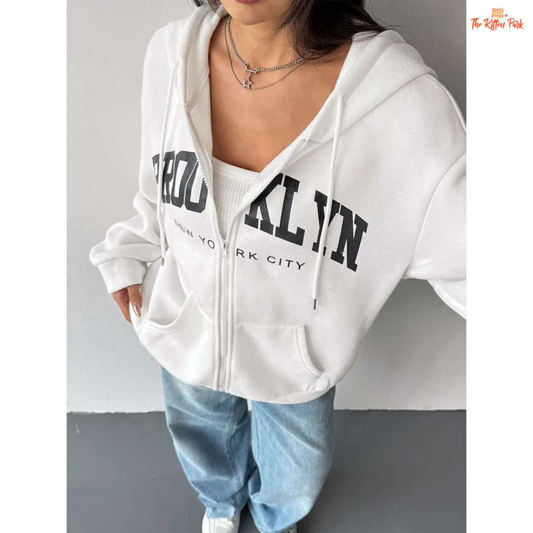 Cozy printed lace-up zipper hoodie coat for women with artificial fur lining and streetwear style, perfect for autumn.