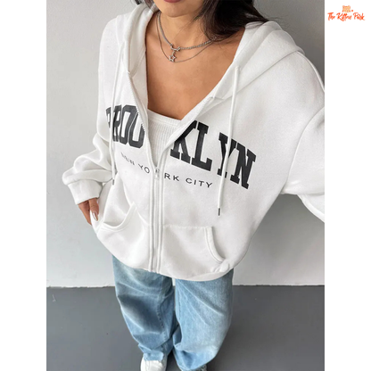 Cozy printed lace-up zipper hoodie coat for women with artificial fur lining and streetwear style, perfect for autumn.
