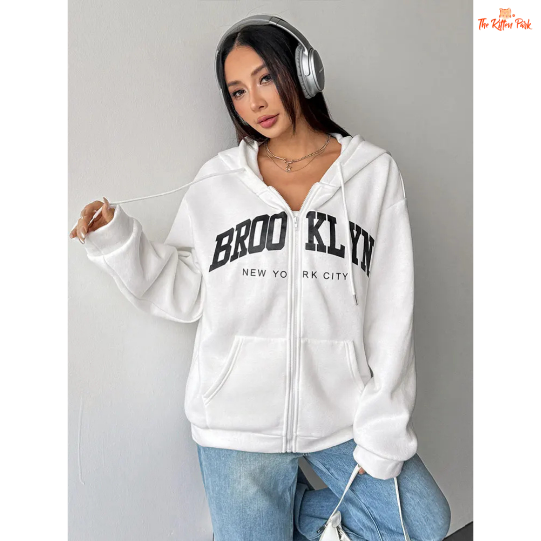 Cozy printed lace-up zipper hoodie coat for women with artificial fur lining and streetwear style, perfect for autumn.