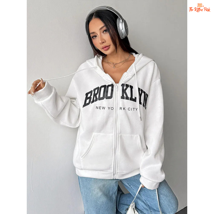 Cozy printed lace-up zipper hoodie coat for women with artificial fur lining and streetwear style, perfect for autumn.