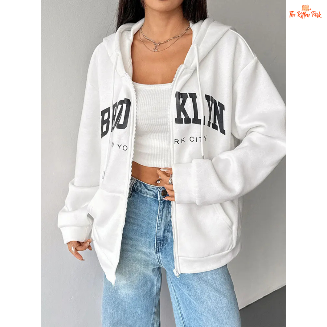 Cozy printed lace-up zipper hoodie coat for women with artificial fur lining and streetwear style, perfect for autumn.
