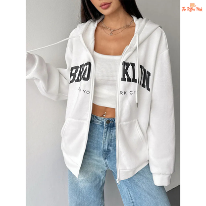 Cozy printed lace-up zipper hoodie coat for women with artificial fur lining and streetwear style, perfect for autumn.