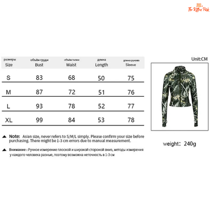 Camouflage jacket with size chart and weight information on a white background