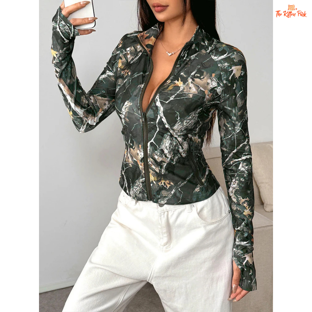 A dark green printed turtleneck zipper sports coat for women featuring a slim fit, hollow-out accents, and turn-down collar for chic autumn activewear style.