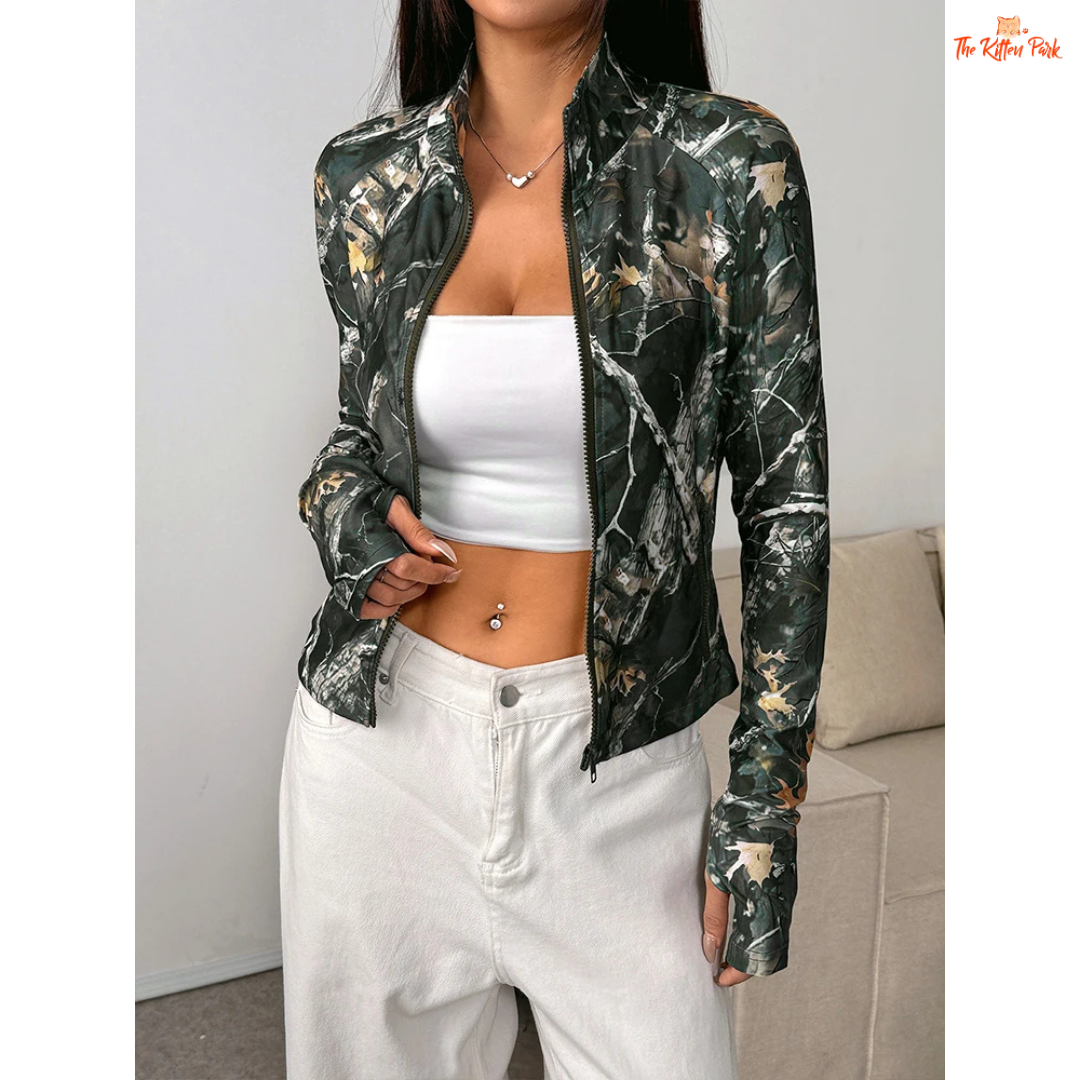 A dark green printed turtleneck zipper sports coat for women featuring a slim fit, hollow-out accents, and turn-down collar for chic autumn activewear style.