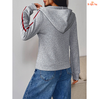 A light gray printed zipper sports hoodie for women with a hood, full zipper, and thick autumn fabric, blending sporty and streetwear style.