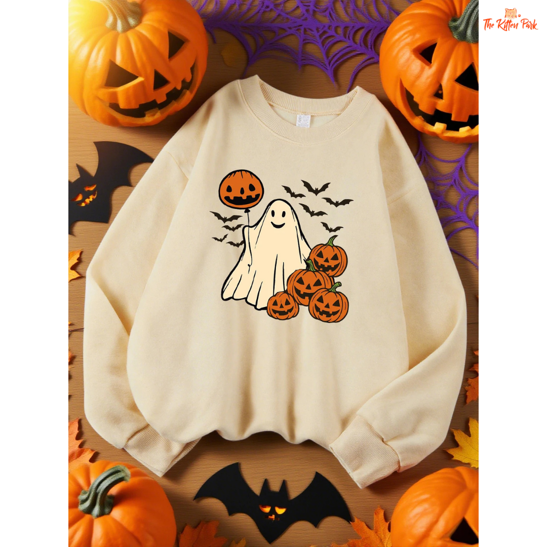 Pumpkin Ghost Bat Sweatshirt – Y2K Loose Autumn Top with cartoon pumpkin, ghost, and bat design, fleece warmth, and loose fit for autumn/winter.