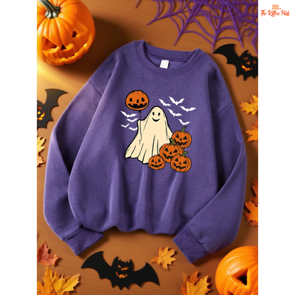 Pumpkin Ghost Bat Sweatshirt – Y2K Loose Autumn Top with cartoon pumpkin, ghost, and bat design, fleece warmth, and loose fit for autumn/winter.